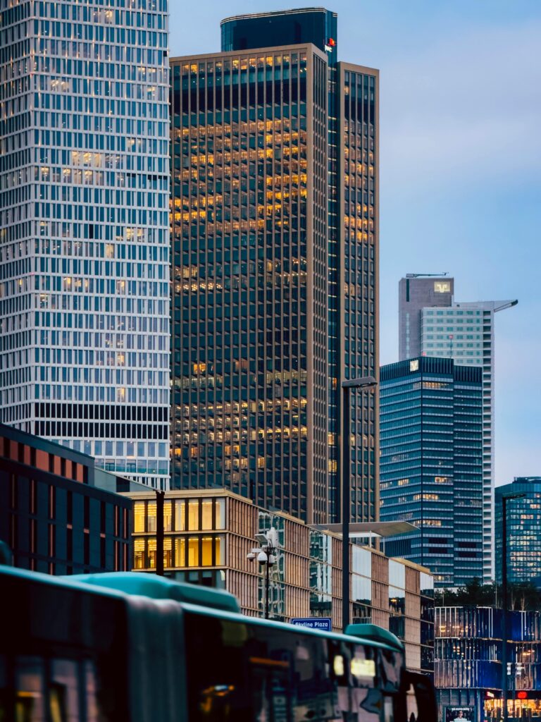 A stunning view of Frankfurt's skyscrapers at twilight, capturing the city's modern architecture.