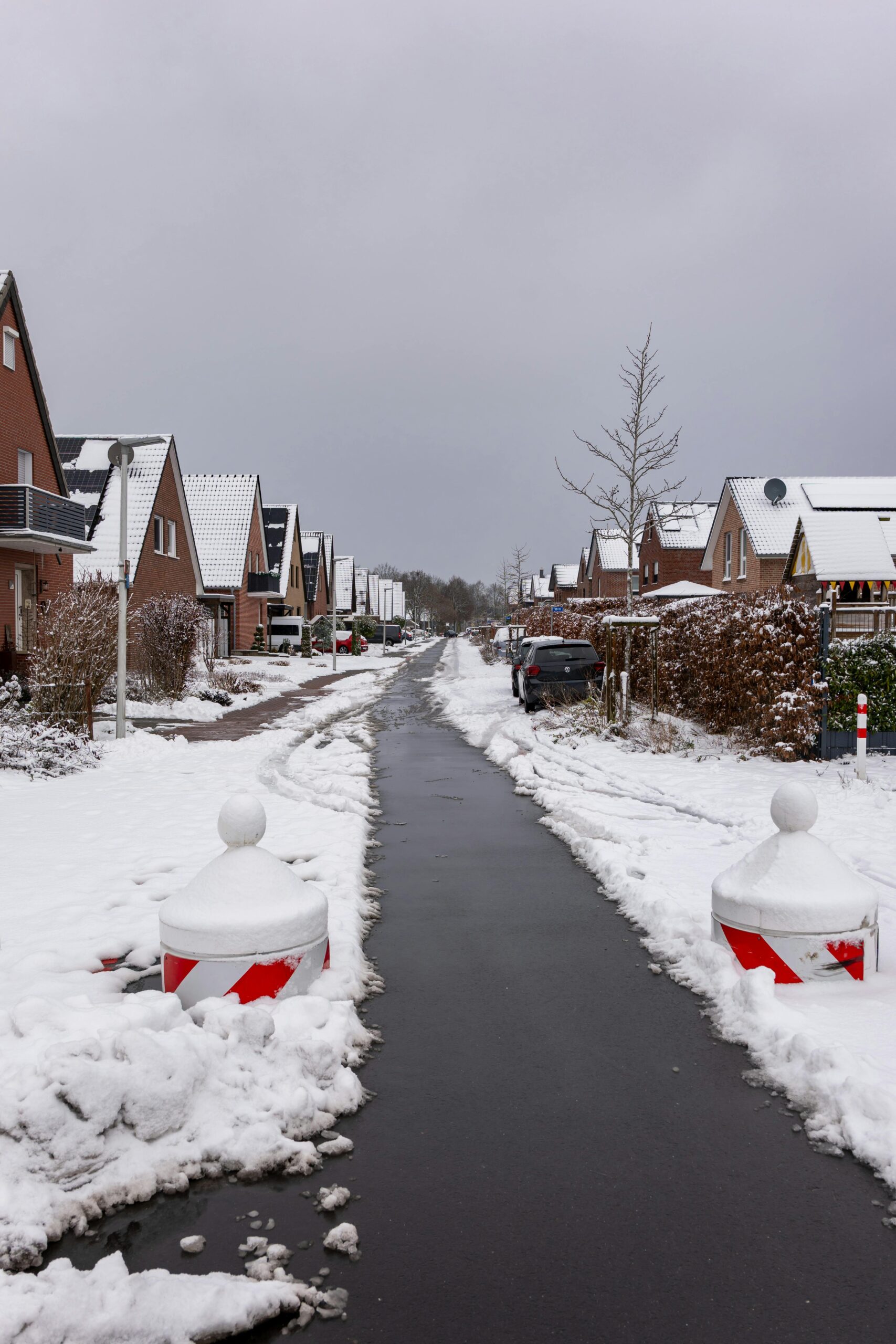 A peaceful snowy street in a suburban neighborhood during winter, showcasing snow-covered houses and bare trees.